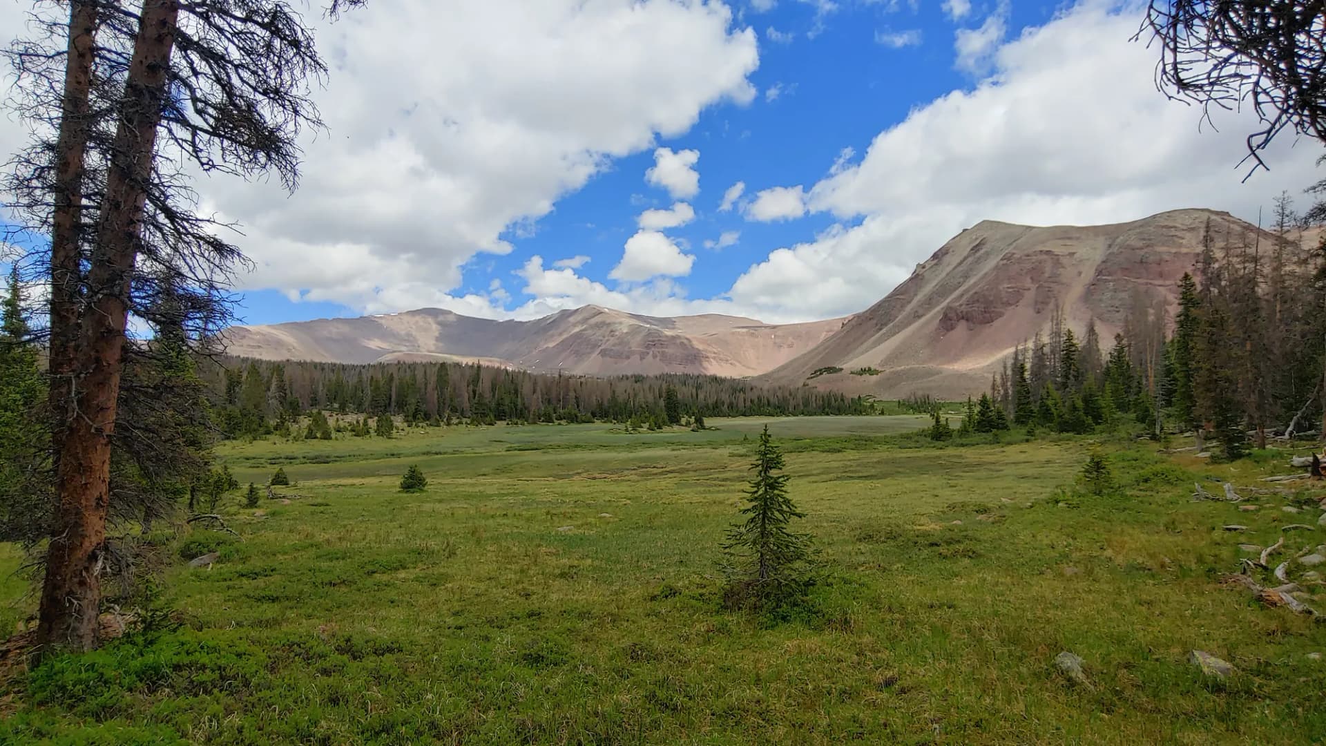 Alpine basin with snow-streaked peaks rising above Milk Lake in the High Uintas Wilderness, Ashley National Forest, Utah
