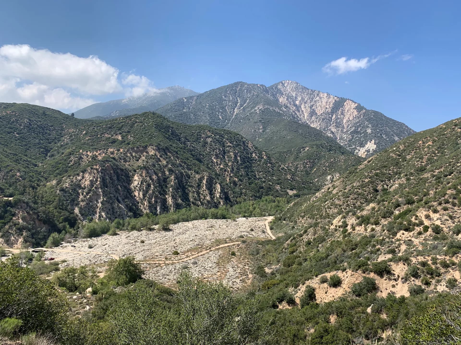 San Bernardino Mountains chaparral landscape with rocky peaks and canyon in San Bernardino National Forest, California